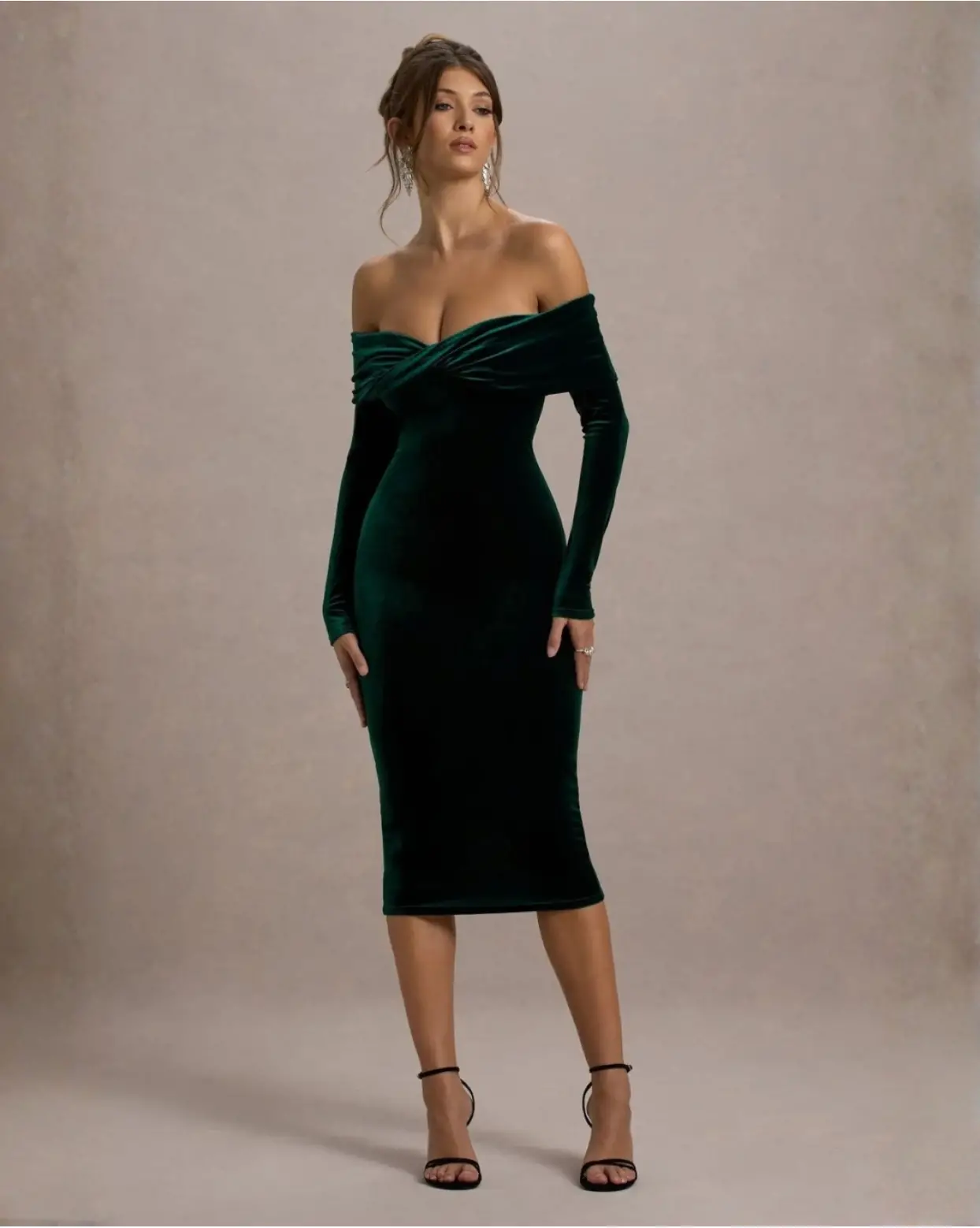 Rochie midi Cartry Verde catifea cu maneci